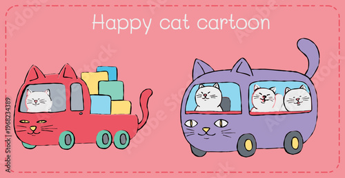Happy cat cartoon pink background transport cute happy cat cartoon pink background with red transport vehicle and pastel box