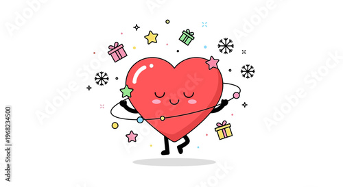 Happy Cartoon Heart Character Dancing with Gifts and Stars