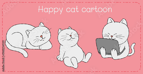 Happy cat cartoon illustration cute pink digital tablet relax playful smile minimal