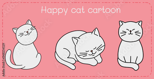 Happy cat cartoon illustration with cute kitten trio on pink background playful and sweet vibe