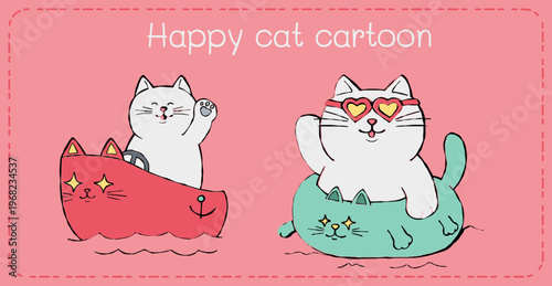 Cat cartoon wave heart sunglasses on cute pink background create playful summer mood