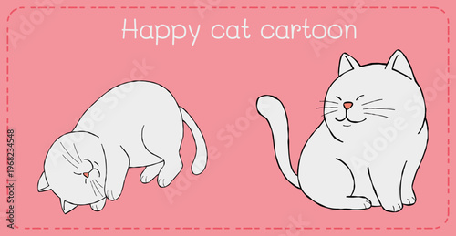 Happy cat cartoon illustration on pink background with cute white kitten and playful pose