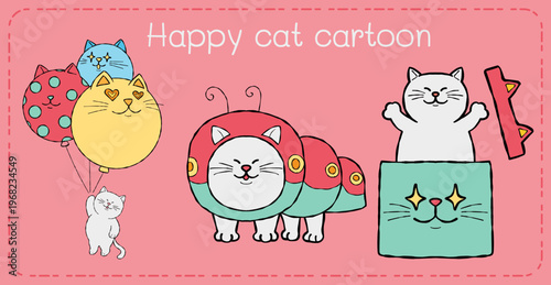 Happy cat cartoon character with balloon and cute box surprise playful illustration