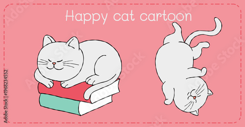 Happy cat cartoon character relax on book pastel background playful mood