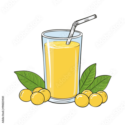 Refreshing yellow beverage in a tall glass with a straw and surrounding fresh fruit and leaves