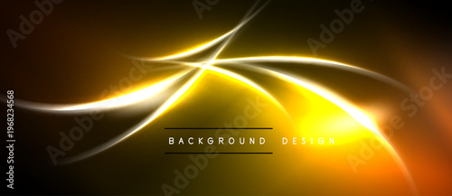 Abstract golden lines create dynamic flow. Bright energy radiates from central point, contrasting dark background. Modern design element.