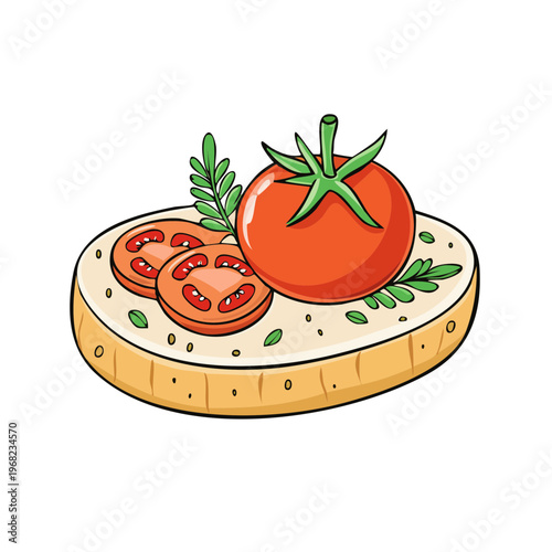 Slice of bread with cream cheese, fresh tomato slices, and green herb garnish