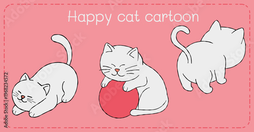 Happy cat cartoon playful kitten illustration on pink background for cute children art and decor design