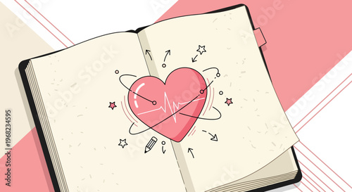 Hand-drawn Heart with ECG Line on Open Notebook Page, Love Concept
