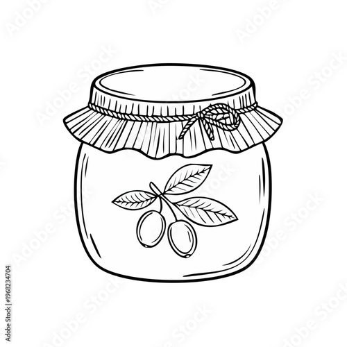 Hand Drawn Olive Jam Jar with Twine and Decorative Fabric Lid Vector Illustration