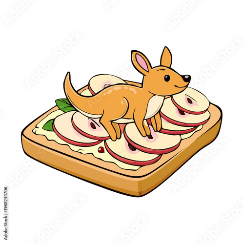 Adorable cartoon baby kangaroo hopping on a delicious open face sandwich with apples and mint