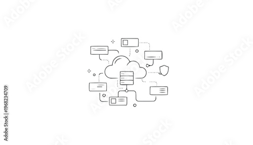 Cloud Computing Network Diagram with Connected Devices and Data Flow.