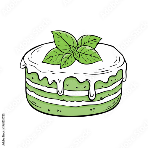 Hand Drawn Layered Cake with White Icing and Green Mint Leaves Decoration