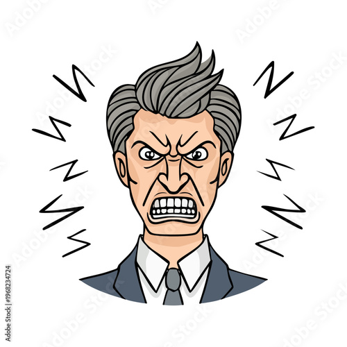 Furious businessman with clenched teeth and radiating anger signals in a suit