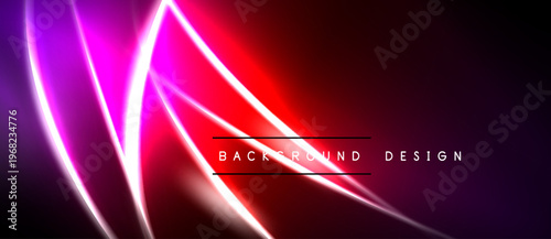Vibrant neon lines intersect over dark background. Red, purple hues create dynamic visual effect. Modern design element.