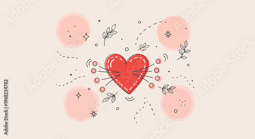 Hand-drawn Red Heart Icon with Abstract Dots and Leaves on Pastel Background
