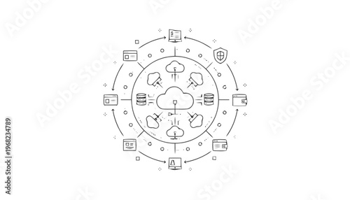 Cloud Computing Network Diagram with Connected Devices and Services.