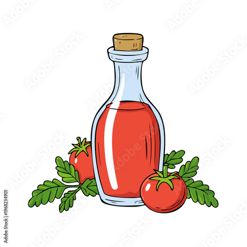Hand-drawn bottle of tomato juice with fresh tomatoes and leaves
