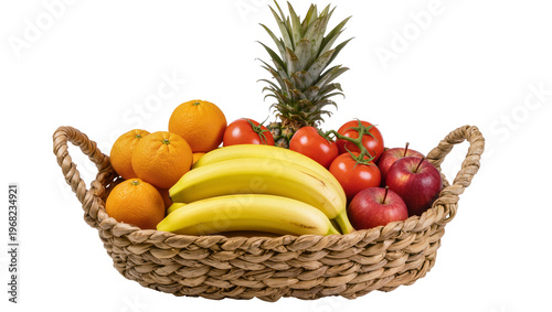 Woven wicker basket overflowing with ripe bananas juicy oranges vibrant tomatoes and crisp apples, isolated on transparent background for healthy food concepts