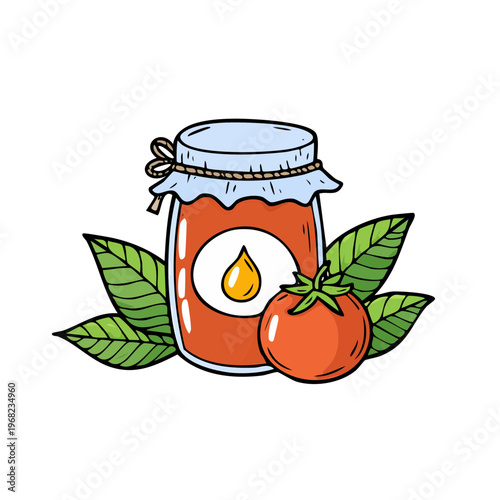 Hand-drawn illustration of a jar of tomato jam, a fresh tomato, and green leaves, symbolizing homemade preserves and natural ingredients.