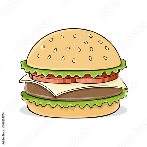 Classic Hamburger With Sesame Seed Bun Lettuce Tomato and Cheese Illustration