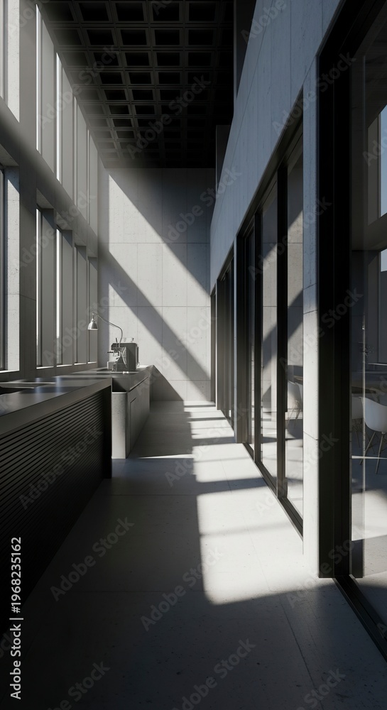 Obraz premium Modern architectural interior with natural light and shadows.
