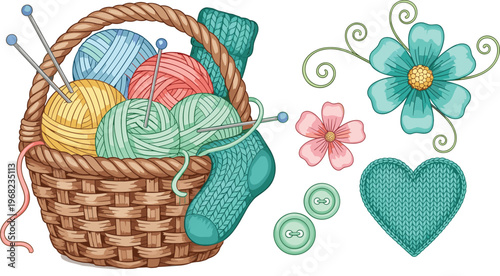 Knitting and Sewing Craft Vector Illustration Set with Yarn Basket, Needles, Buttons, Knitted Heart and Handmade Craft Elements Collection