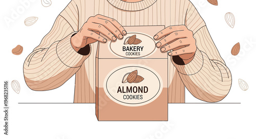 Hands Packaging Almond Cookies Box with Bakery Label, Sweet Treat Concept