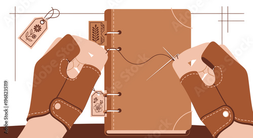 Hands Sewing Leather Journal Cover, Crafting a Handmade Notebook, Custom Bookbinding