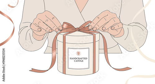 Hands Tying Ribbon on Scented Candle Jar, Gift Wrapping, Elegant Packaging