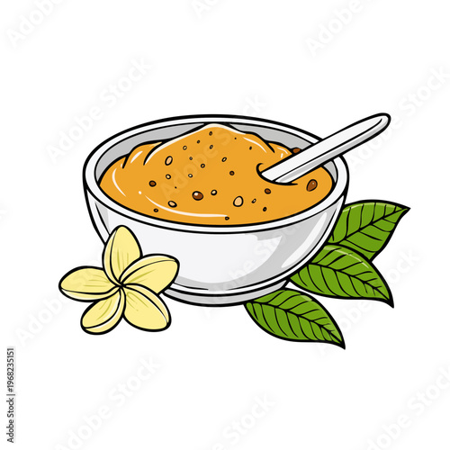 Bowl of golden spice paste with leaves and flower in illustration style