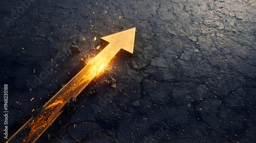 Glowing golden arrow shattering aggressively upward through cracked asphalt