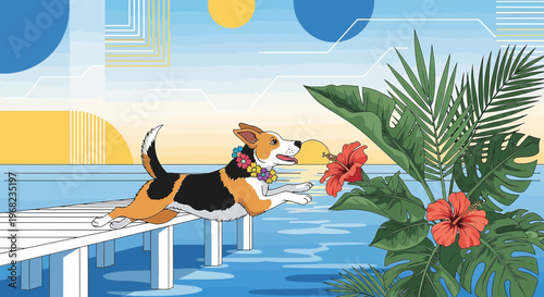 Happy Beagle Dog on Pier with Tropical Flowers, Summer Vacation