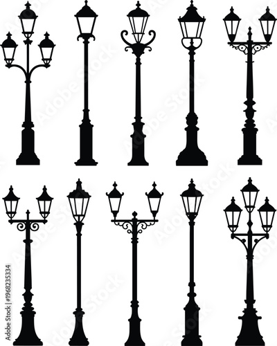 Set of street lamps, vector, icon, urban lighting silhouettes, vintage and modern lamp post designs, architectural elements for city planning and decorative use