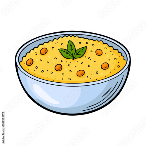 Hand drawn illustration of a bowl of savory grain porridge with herbs and vegetables