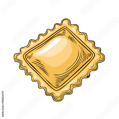 Hand drawn illustration of a single golden ravioli pasta shape with crimped edges