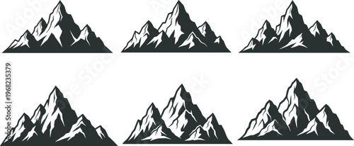 Set of six mountain range peak silhouettes high altitude rocky summits alpine nature landscape climbing hiking outdoor adventure icons flat vector illustration cad drawing graphic assets.