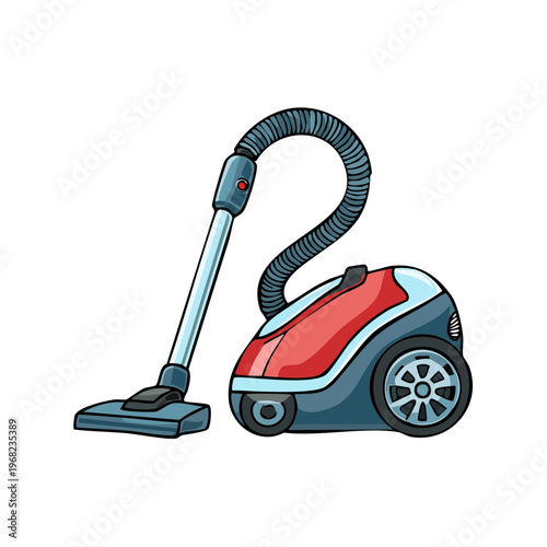 Cartoon upright vacuum cleaner with flexible hose and floor nozzle ready for cleaning tasks