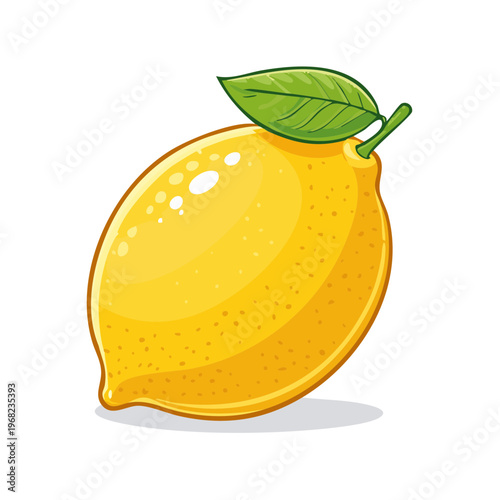 Bright yellow lemon with a green leaf and stem, isolated on white