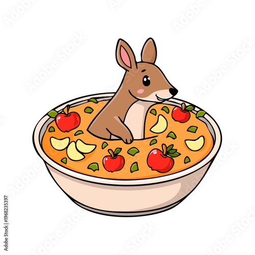 Cute baby kangaroo enjoying a refreshing fruit salad in a large bowl