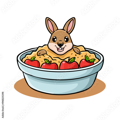 Cute cartoon rabbit pops out of a bowl of oatmeal with apples