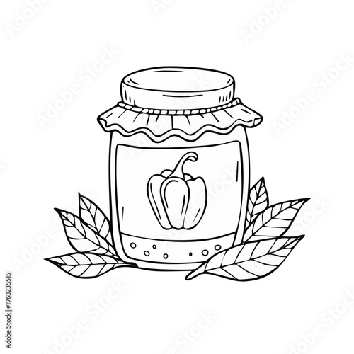 Hand drawn jar of preserves with bell pepper and leaves line art illustration
