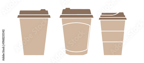Collection of flat paper coffee cup icons in minimal style.