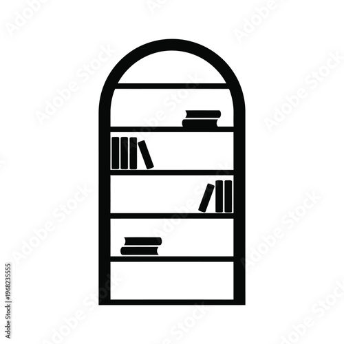 Black bookshelf with books on white background arched