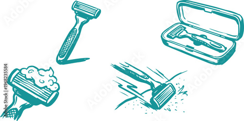Hand Drawn Razor Shaving Silhouette Vector Illustration Set with Beard Trimmer Grooming Kit and Personal Care Design.