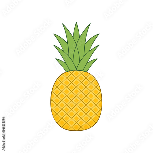 Vibrant hand drawn illustration of a ripe tropical pineapple with green spiky leaves on a clean white background
