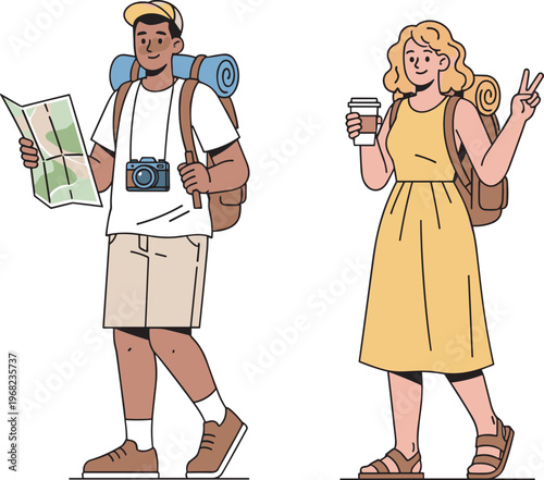 Happy young diverse couple hikers with backpacks man holding map and woman with coffee cup enjoying summer vacation travel adventure cad drawing flat vector illustration