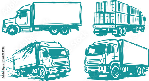 Hand Drawn Truck Silhouette Vector Illustration Set with Cargo Transport Delivery Vehicle and Logistics Shipping Design.
