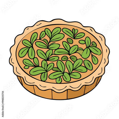 Hand drawn illustration of a savory pie with green leafy filling on a white background