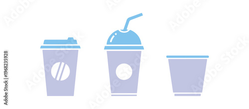 Different styles of disposable coffee cups in flat vector icons.